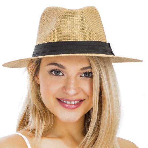 Tan Black Band Wide Brim Panama Crochet Fedora - Picture 7 of 7